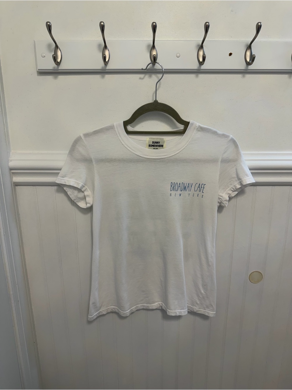 Sunday Somewhere White Broadway Cafe Tee with Blue Script